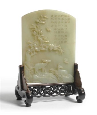 Lot 264 - A Chinese Pale Jade Plaque as a Table Screen, 18th/19th century, of arched rectangular form, carved