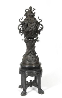 Lot 268 - A Large Japanese Bronze Incense Burner, Cover and Stand, 19th century, of wave moulded baluster...