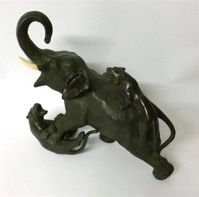 Lot 288 - A Japanese Bronze Figure Group, Meiji period, as an elephant being attacked by two tigers, one...