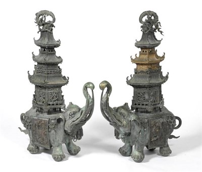 Lot 289 - A Pair of Japanese Bronze Large Elephant and Howdah Incense Burners, Meiji period (1868-1912),...