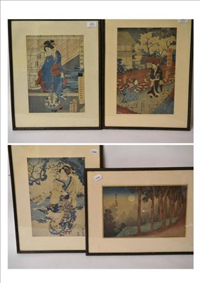 Lot 290 - After Hiroshige: Trees in moonlit landscape; and Three Other Woodblock Prints, framed and...