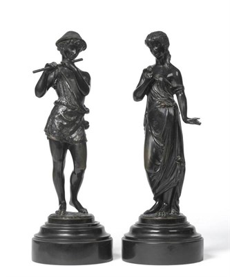 Lot 307 - A Pair of Bronze Figures, French, late 19th century, of a youth in a straw hat and animal skin...