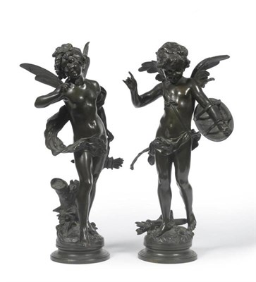 Lot 322 - After Louis Auguste Moreau (1834-1917): A Pair of Bronze Figures of Cupids  "Alerte ", each loosely