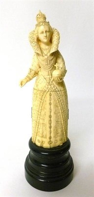 Lot 325 - A Dieppe Ivory Triptych Figure of a Queen, circa 1870, standing wearing a crown, lace ruff and...