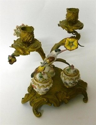 Lot 336 - A French Porcelain Mounted Gilt Bronze Inkstand, late 19th century, with foliate sockets and...