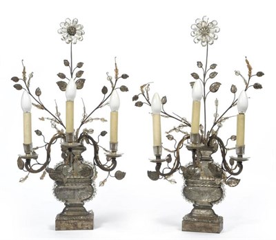 Lot 340 - A Pair of Venetian Glass Mounted Metal Three-Branch Candelabra, in 18th century style, the...