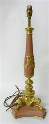 Lot 341 - A Gilt Metal Mounted Pink Marble Lamp Base, of slender baluster form on knopped stem, paw feet...