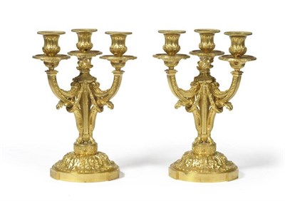 Lot 344 - A Pair of French Gilt Bronze Three-Light Candelabra, in Louis XIV style, with foliate sheathed...