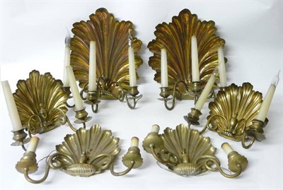 Lot 345 - A Pair of Victorian Brass Triple-Branch Girandoles, lozenge marked for 1879, with shell burst backs