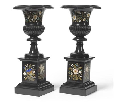 Lot 351 - A Pair of Ashford Pietra Dura Campana Urns, circa 1850, inlaid in coloured marbles with a...