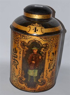 Lot 365 - A Victorian Toleware Tea Canister and Cover, of cylindrical form with sloping shoulders and...