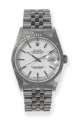 Lot 405 - A Stainless Steel Automatic Calendar Centre Seconds Wristwatch, signed Rolex, Oyster Perpetual,...