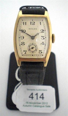 Lot 414 - A 9ct Gold Tonneau Shaped Wristwatch, signed Rolex, Ref: 578, 1926, 15-jewel lever movement...