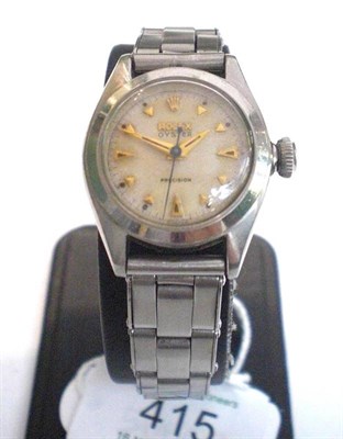 Lot 415 - A Lady's Stainless Steel Centre Seconds Wristwatch, signed Rolex, Oyster, Precision, Ref: 5004,...