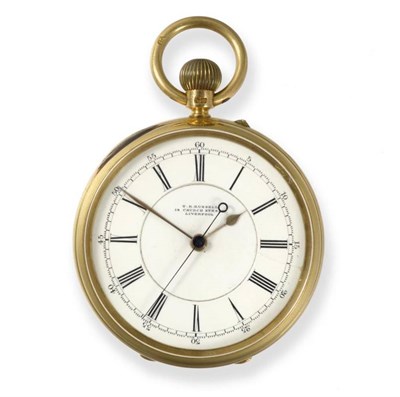 Lot 421 - An 18ct Gold Open Faced Chronograph Keyless Pocket Watch, signed T R Russell, 18 Church Street,...