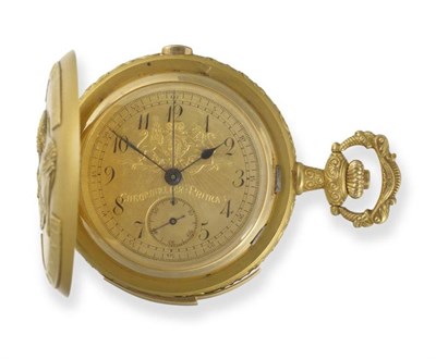 Lot 423 - An Unusual Full Hunting Cased 18ct Gold Minute Repeating Chronograph Pocket Watch, 1910, lever...