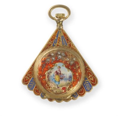 Lot 431 - A Lady's Fan Shaped Enamel Fob Watch, circa 1900, cylinder movement, enamel dial with Roman...