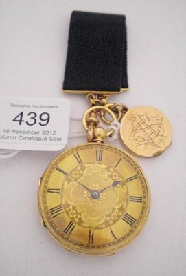 Lot 439 - An 18ct Gold Fob Watch, lever movement, gilt dial with Roman numerals, London 1865, 42mm wide, with