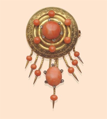 Lot 444 - A Late Victorian Coral and Diamond Brooch, the disk frame with ropework decoration, set with...