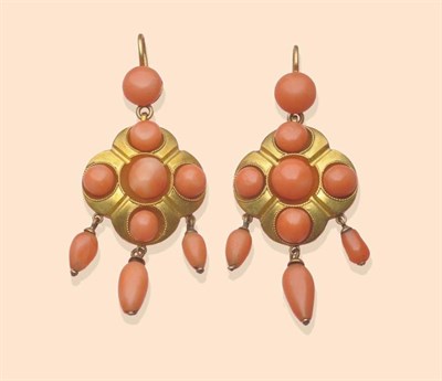 Lot 445 - A Pair of Coral Drop Earrings, set with cabochon coral in a scalloped edge and ropework frame, with