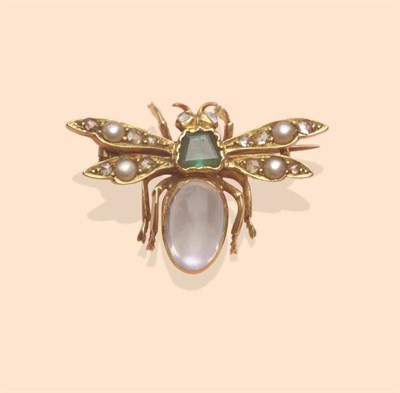 Lot 447 - A Bug Brooch, the body comprises a step cut emerald and a cabochon moonstone, with rose cut diamond