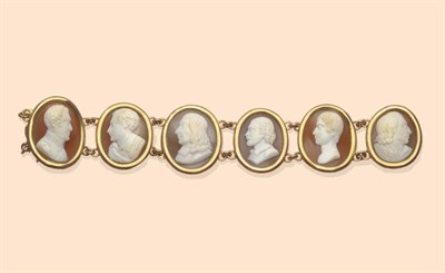 Lot 450 - A Cameo Bracelet, the carved shell panels carved to depict portraits of scholars, each in a...