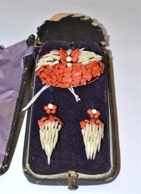 Lot 461 - A Coral Brooch and Pair of Earrings en suite, circa 1900, the red and white brooch of domed...