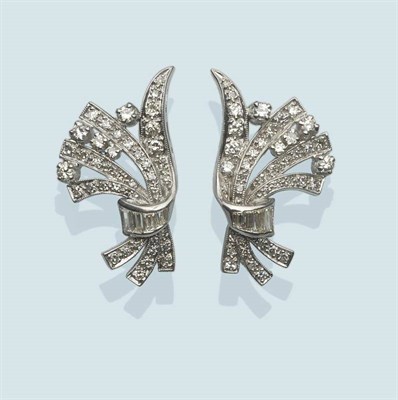 Lot 477 - A Pair of Diamond Earrings, the spray form set with round brilliant cut, baguette cut and...