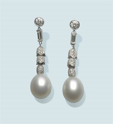 Lot 490 - A Pair of Diamond and South Sea Cultured Pearl Drop Earrings, each comprises an old cut diamond...