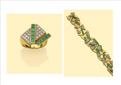 Lot 501 - A Matching Emerald and Diamond Bracelet and Ring, each of asymmetric design with channels of...