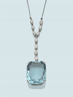 Lot 557 - An Aquamarine and Diamond Necklace, a modified step cut aquamarine in white corner claw...