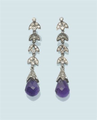 Lot 560 - A Pair of Amethyst and Diamond Drop Earrings, a string of diamond set leaf motifs chain linked...