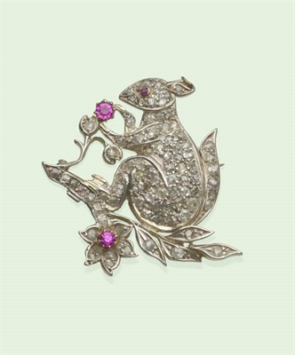 Lot 600 - A Squirrel Brooch, set throughout with old cut and rose cut diamonds and a ruby eye, with pink...