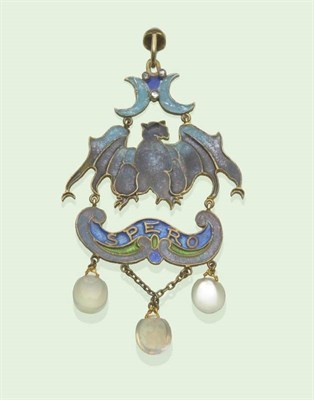 Lot 601 - An Arts and Crafts Enamelled Pendant, possibly by James Cromar Watt, a bat design, surmounted...