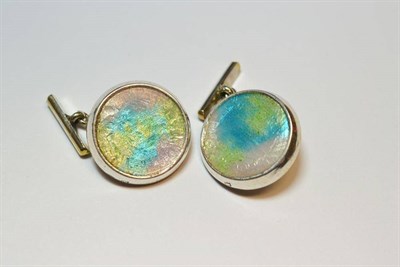 Lot 615 - A Pair of Silver Enamelled Cufflinks, by Liberty & Co., the round disks enamelled in pale blue,...