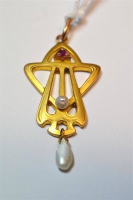 Lot 617 - An Art Nouveau Style Pendant, of entwined form, set with a ruby and a pearl, and a houndstooth...