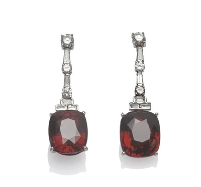 Lot 618 - A Pair of 18 Carat White Gold Garnet and Diamond Drop Earrings, round brilliant cut and...