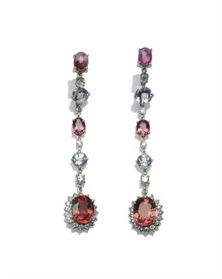 Lot 625 - A Pair of Aquamarine, Pink Tourmaline and Diamond Drop Earrings, an oval cabochon tourmaline...