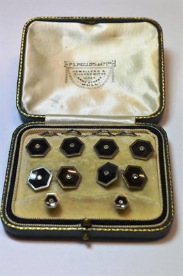 Lot 632 - A Set of Dress Studs, all of hexagonal onyx form, with a single cut diamond centrally, within a...