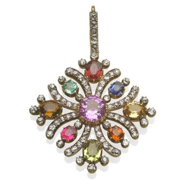 Lot 639 - An Early 20th Century Multi Gemstone Pendant, the square form comprising a round mixed cut pink...