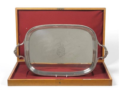 Lot 703 - A George III Silver Tray, maker's mark WB, London 1814, rounded rectangular, gadrooned rim and...