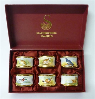 Lot 720 - A Set of Six  "Staffordshire Enamels " Game Bird Painted Napkin Rings, 20th century, each of...