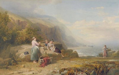 Lot 760 - John Henry Mole VPRI (1814-1886)  "Hazy Morning - Cockle Gatherers Waiting, Low Tide " Signed...