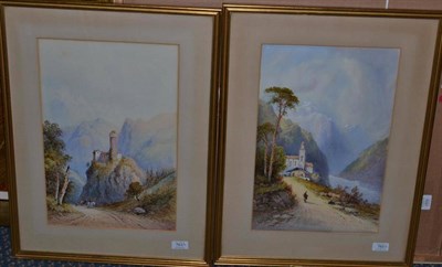 Lot 763 - Edwin St John (fl.1880-1920) Continental landscape with a castle on a rocky outcrop; Castle...