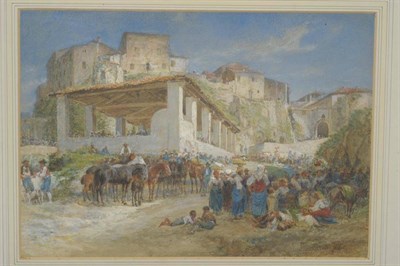 Lot 764 - Charles H. Poingdestre (1825-1905) Italian horse fair with figures Signed, pencil, watercolour...