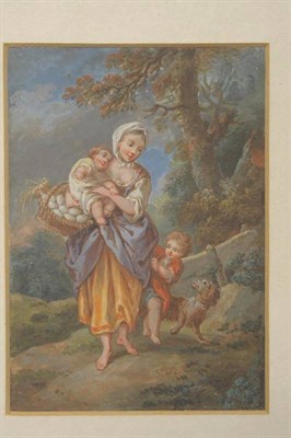 Lot 770 - Follower of Jean Baptiste Greuze (19th century) Mother and children on a path, a dog nearby Gouache