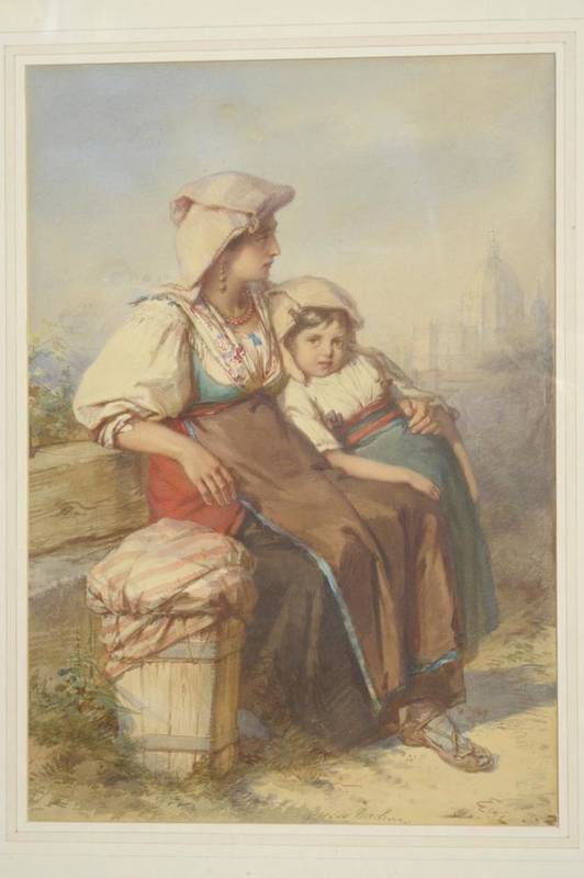 Lot 774 - Guido Bach (1828-1905) German Young woman and child on the outskirts of Rome Signed, pencil and...