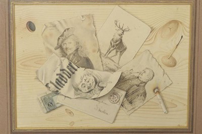 Lot 778 - P. Theodor Flugel (19th century) Tromp L'Oeil depicting a portrait of Rembrandt and other...