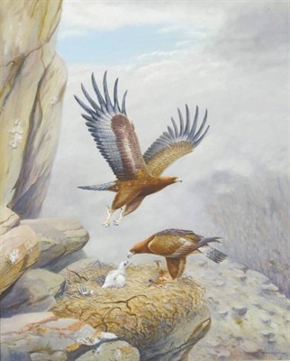 Lot 784 - Richard Robjent (b.1937)  "Pair of Golden Eagles and their Eaglet " Signed and dated 1981,...