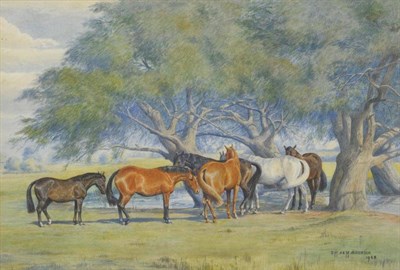 Lot 803 - Dorothy Margaret and Elizabeth Mary Alderson (1900-1992) (1900-1988)  Horses beside a pond in a...